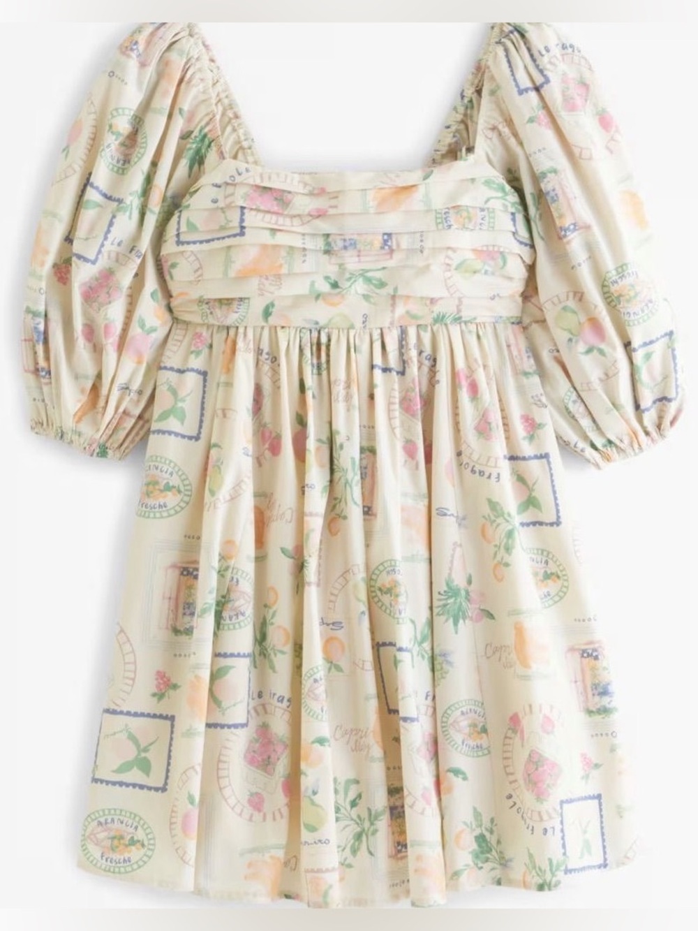 Abercrombie Emerson puff sleeve mini dress in cream Italy fruits print